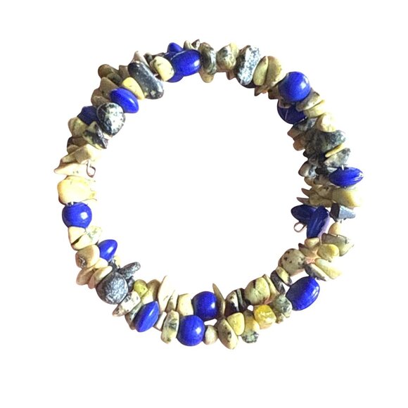 Natural Gemstone Stretch Bracelet With Lapis Lazuli & Yellow Jasper Beads - Picture 6 of 8